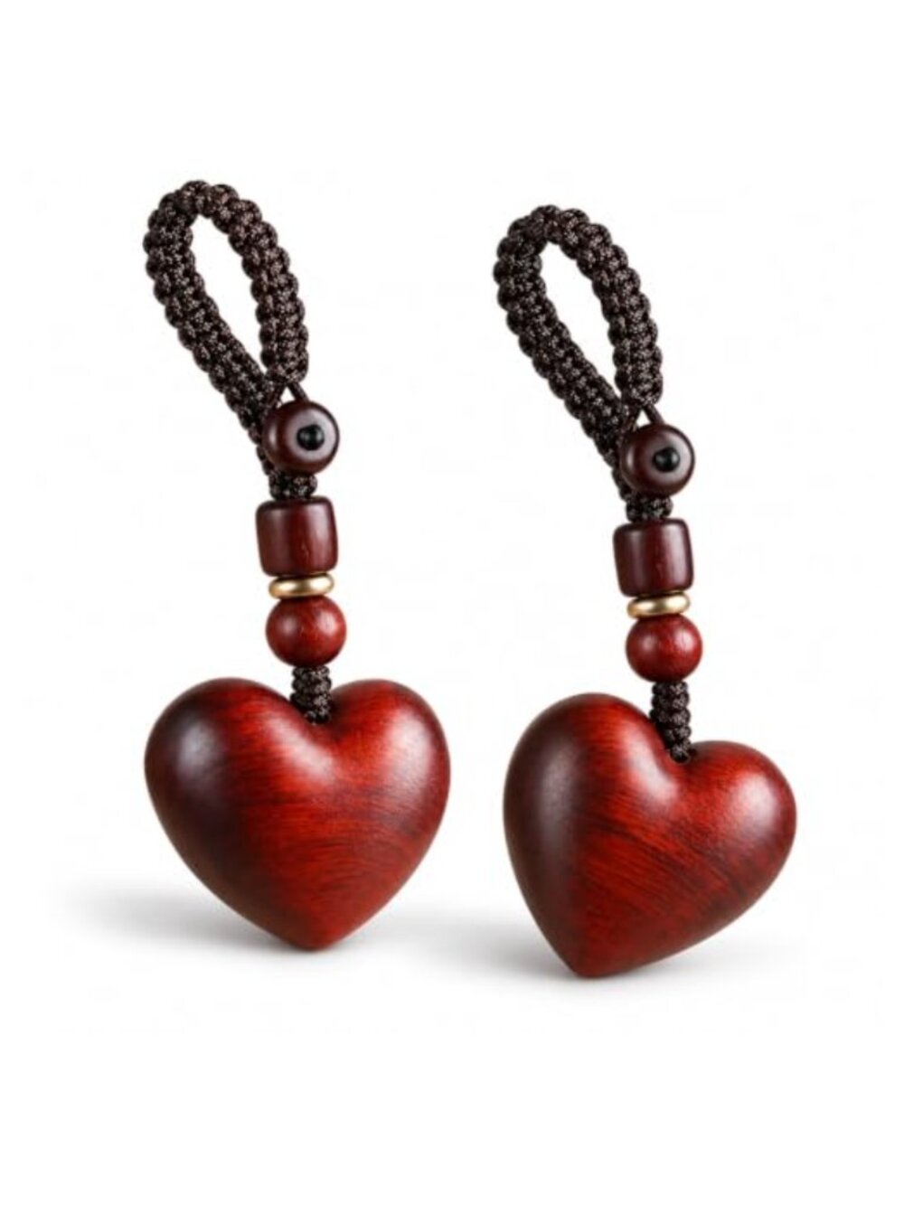 Handmade Sandalwood Heart Keychain Set 2 Pcs Braided Cord Wood Charms